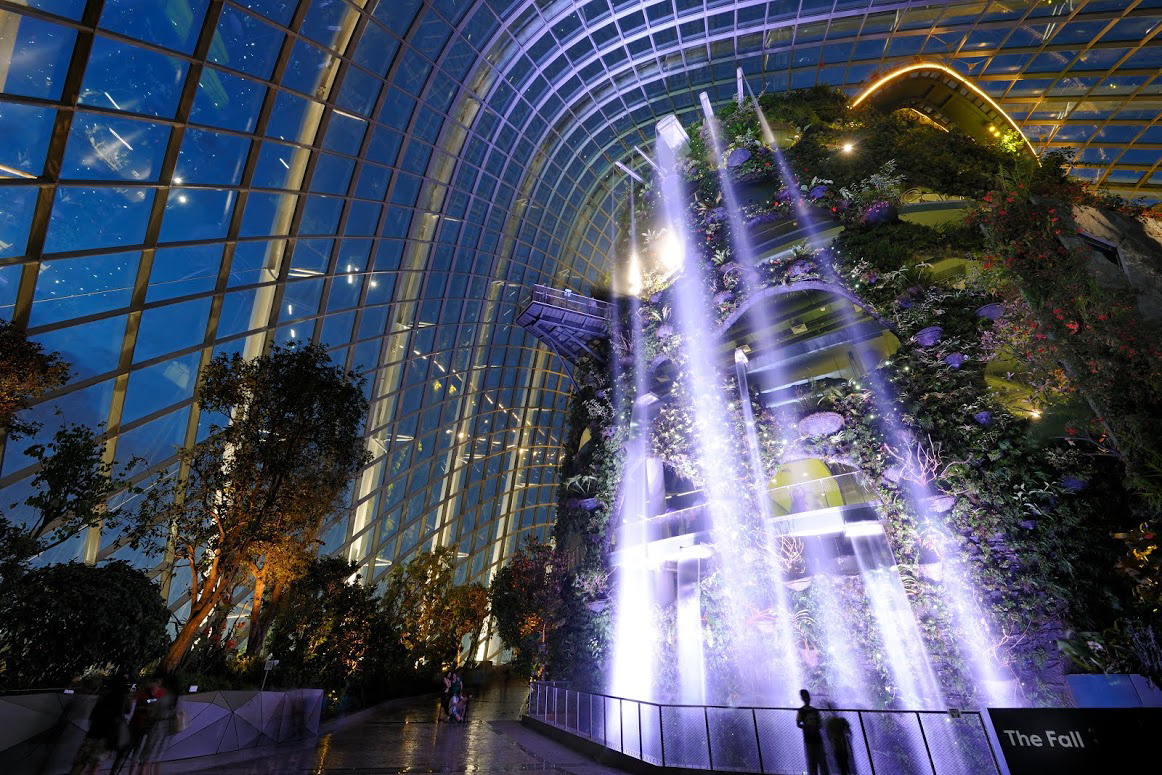 Cloud Forest Waterfall at Night, singapore's gardens by the bay