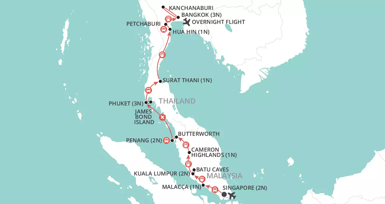 Singapore to Bangkok by Rail map