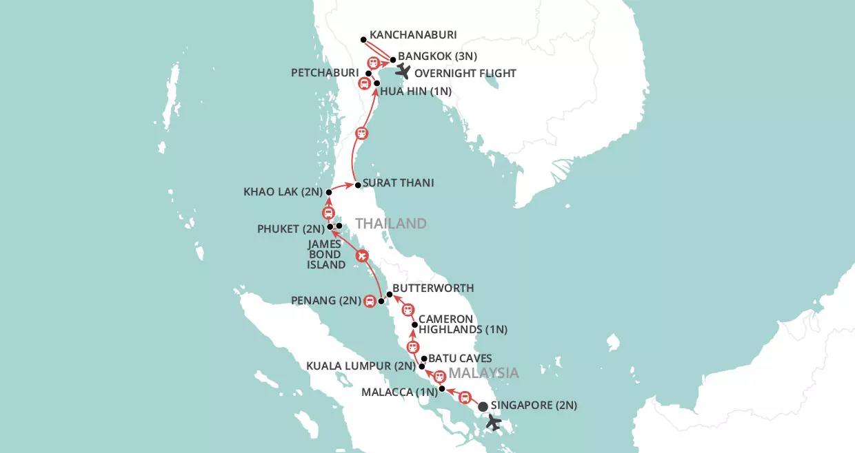 Singapore to Bangkok by Rail map