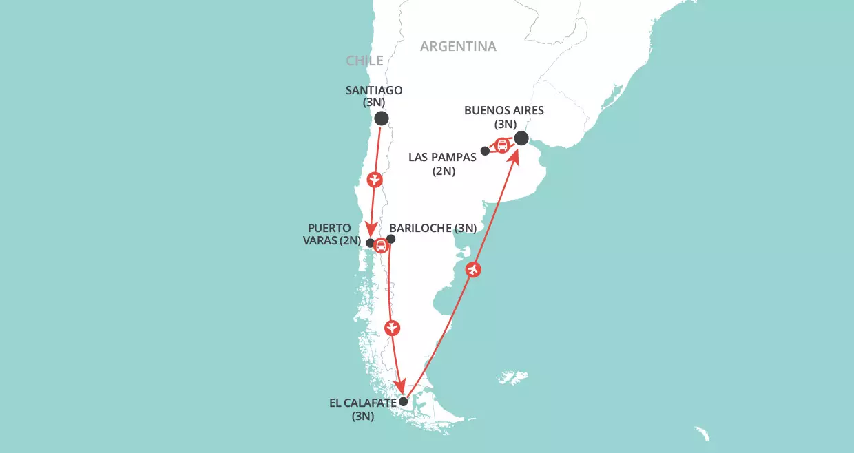 Landscapes & Lakes of Chile & Argentina map