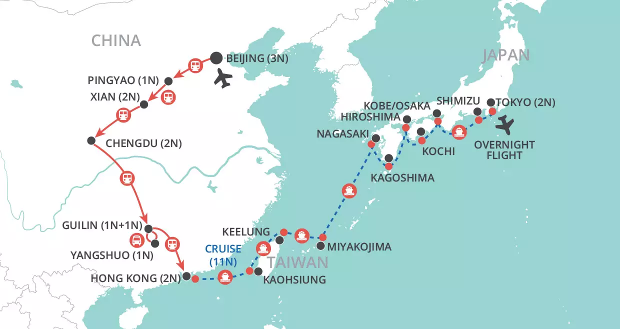 China by Rail, Japan by Sea map