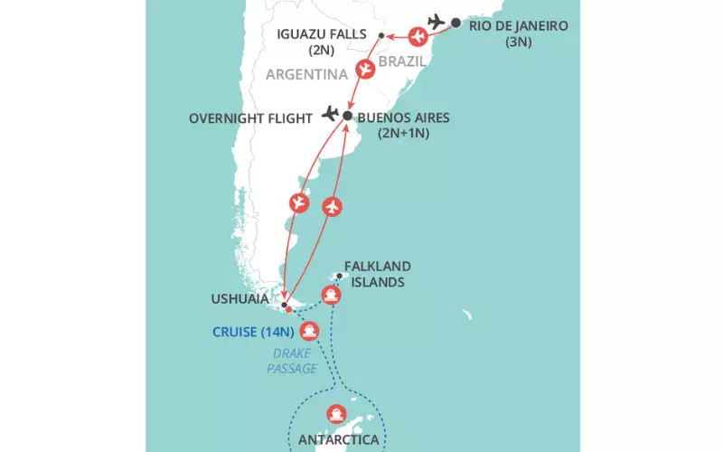 Antarctica, Falklands & Latin Wonders map