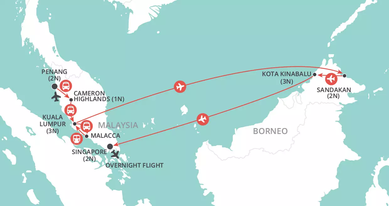 Treasures of Malaysia, Borneo & Singapore map