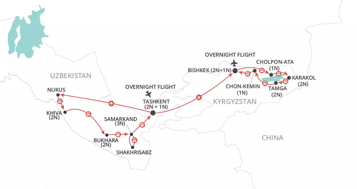 Silk Road Uncovered: Uzbekistan & Kyrgyzstan map