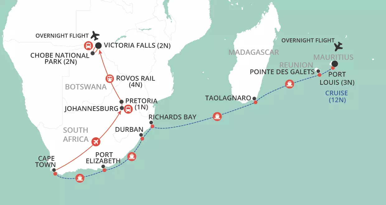 Ultimate Africa: Ocean, Rail & Safari map