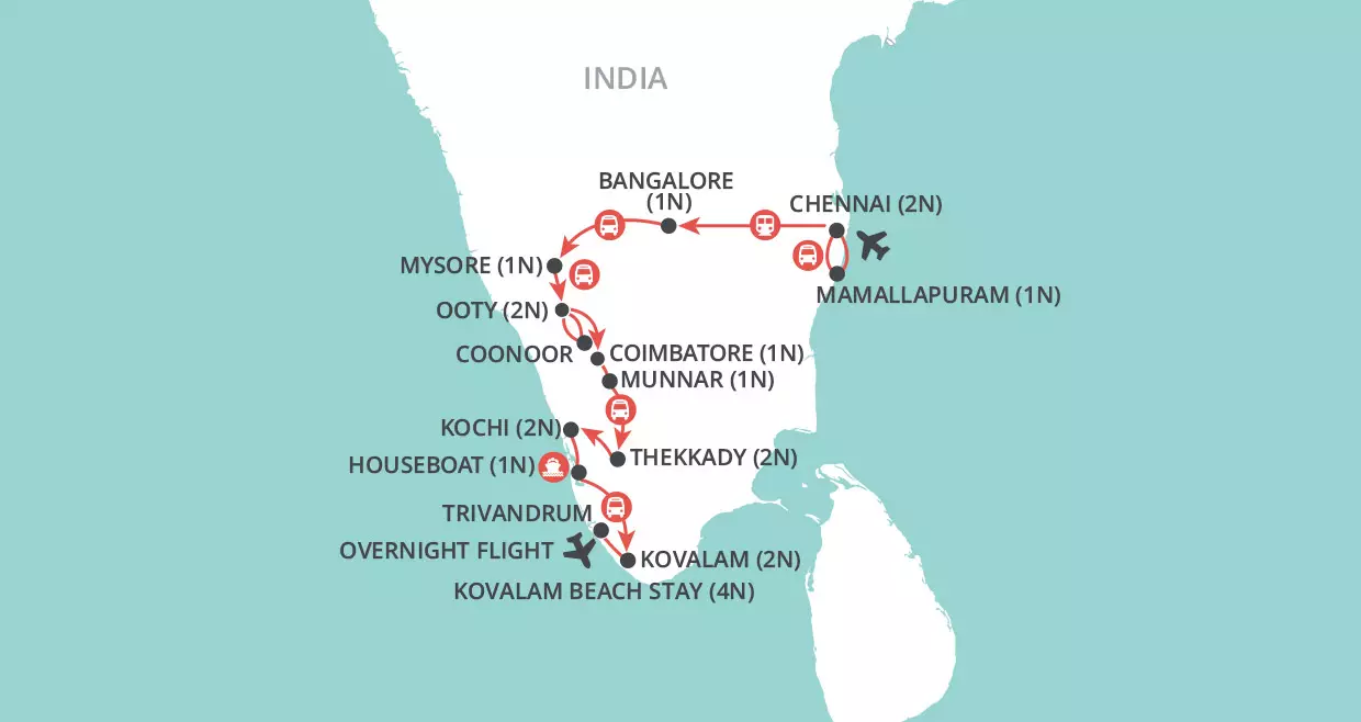 Kerala & the Southern Highlights & Kovalam Beach map