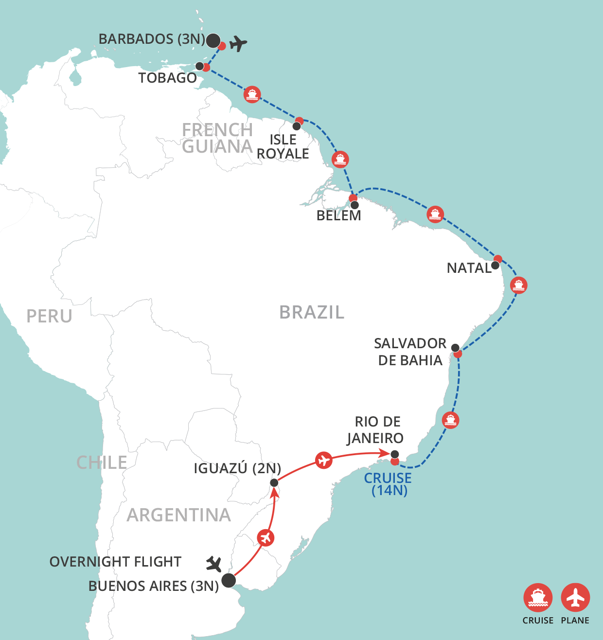 Buenos Aires, Brazil & Barbados map